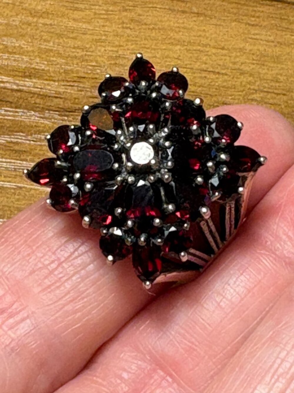 Vintage, Square, Sterling Silver and Garnet Ring from Paris, Size 7-1/4, 12g